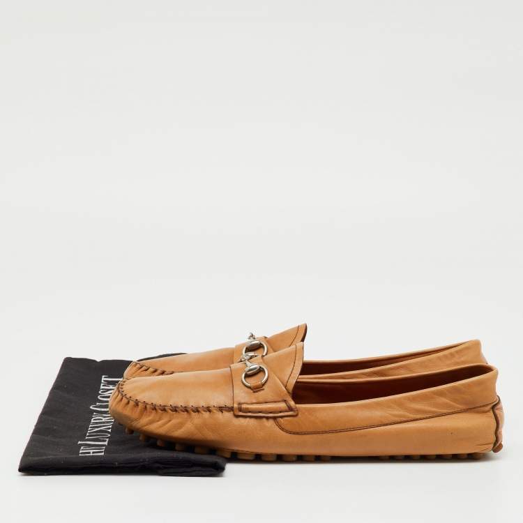 Pre Owned Gucci Tan Leather Horsebit Slip On Loafers Size 41.5