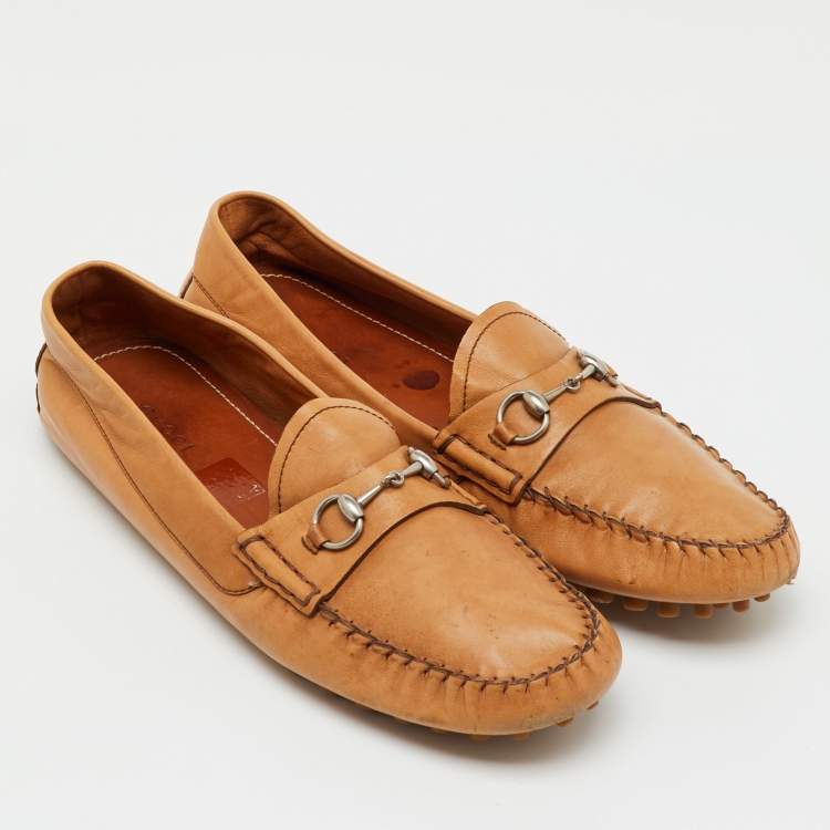 Pre Owned Gucci Tan Leather Horsebit Slip On Loafers Size 41.5