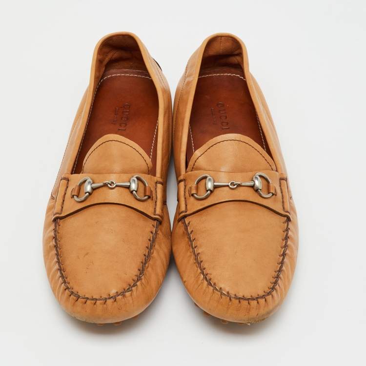 Pre Owned Gucci Tan Leather Horsebit Slip On Loafers Size 41.5