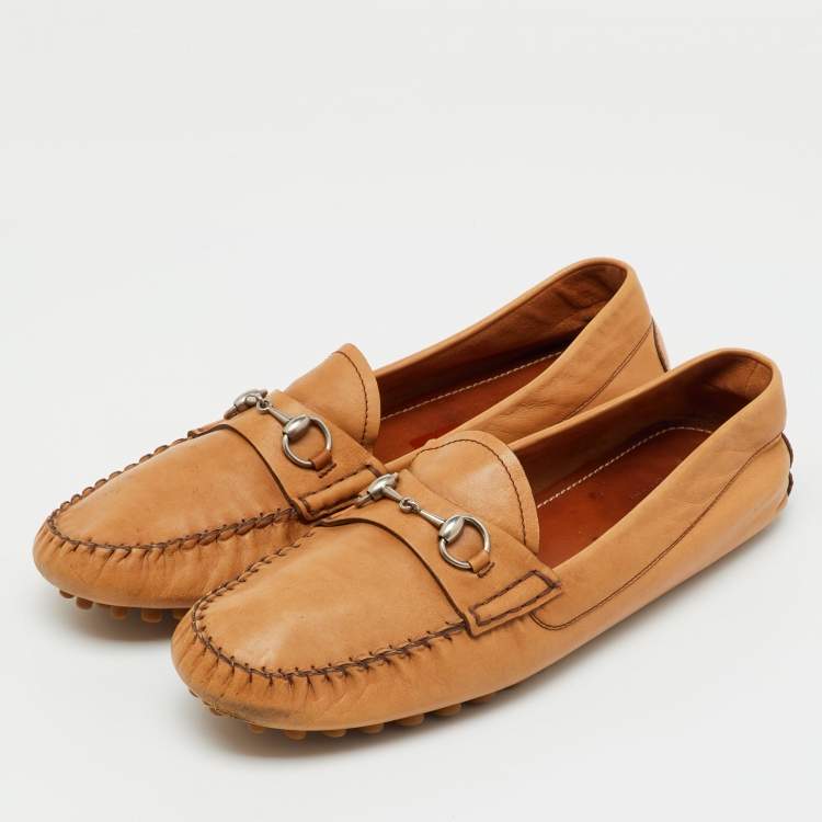 Pre Owned Gucci Tan Leather Horsebit Slip On Loafers Size 41.5