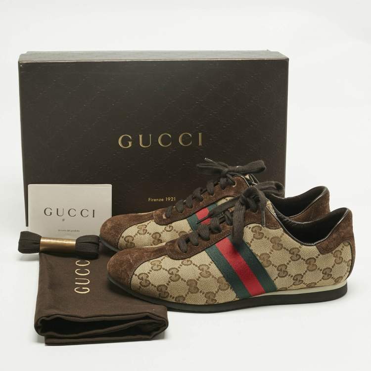 Pre Owned Gucci Brown/Beige Canvas and Suede Ace Lace Up Sneakers Size 38.5