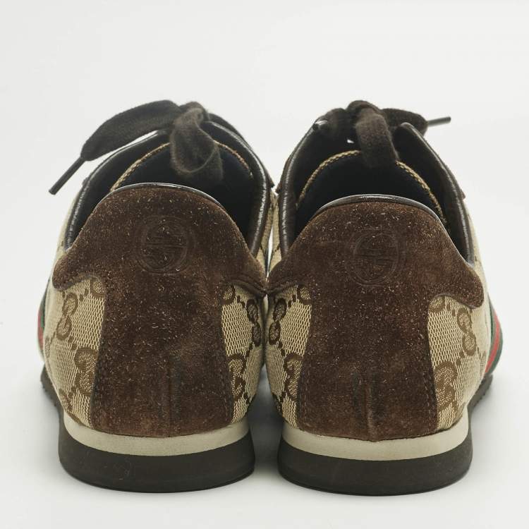 Pre Owned Gucci Brown/Beige Canvas and Suede Ace Lace Up Sneakers Size 38.5