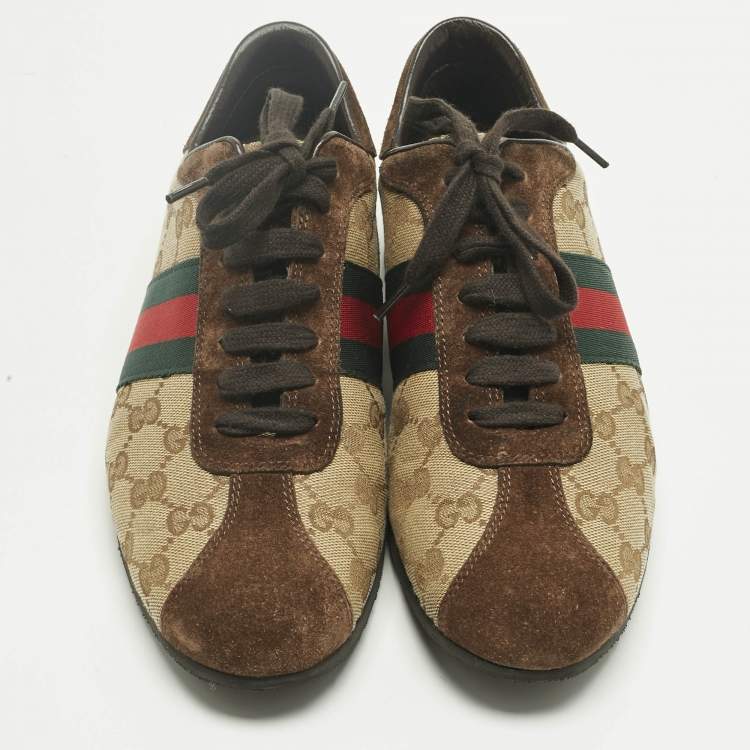 Pre Owned Gucci Brown/Beige Canvas and Suede Ace Lace Up Sneakers Size 38.5