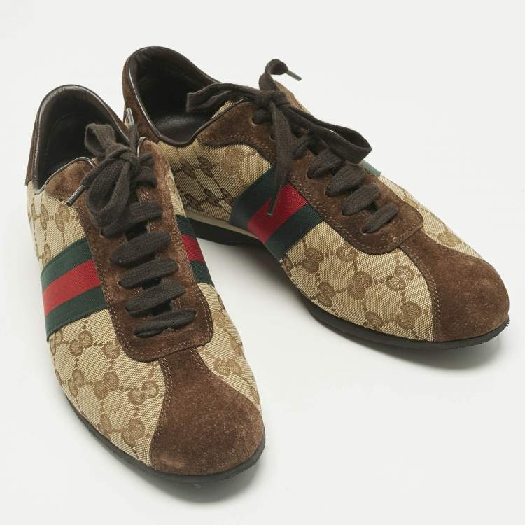 Pre Owned Gucci Brown/Beige Canvas and Suede Ace Lace Up Sneakers Size 38.5