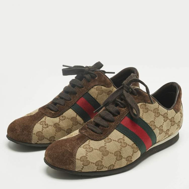 Pre Owned Gucci Brown/Beige Canvas and Suede Ace Lace Up Sneakers Size 38.5