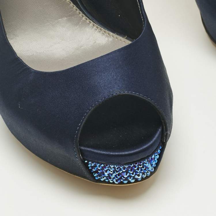 مملوكة مسبقًا Gucci Navy Blue Satin Peep Toe Slingback Pumps Size 40