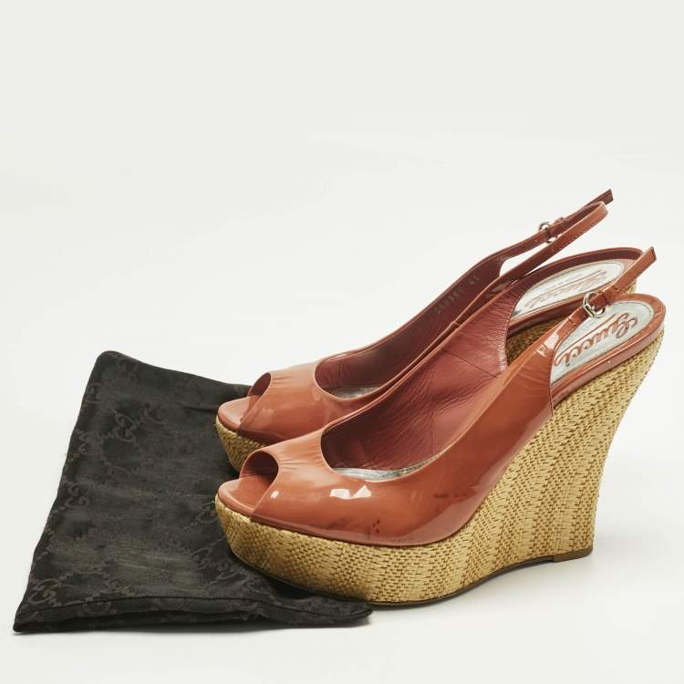 Pre Owned Gucci Coral Red Patent Leather Espadrille Wedge Slingback Pumps Size 41