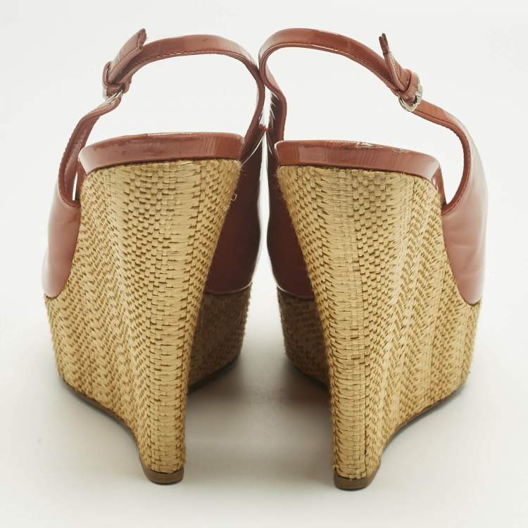 Pre Owned Gucci Coral Red Patent Leather Espadrille Wedge Slingback Pumps Size 41