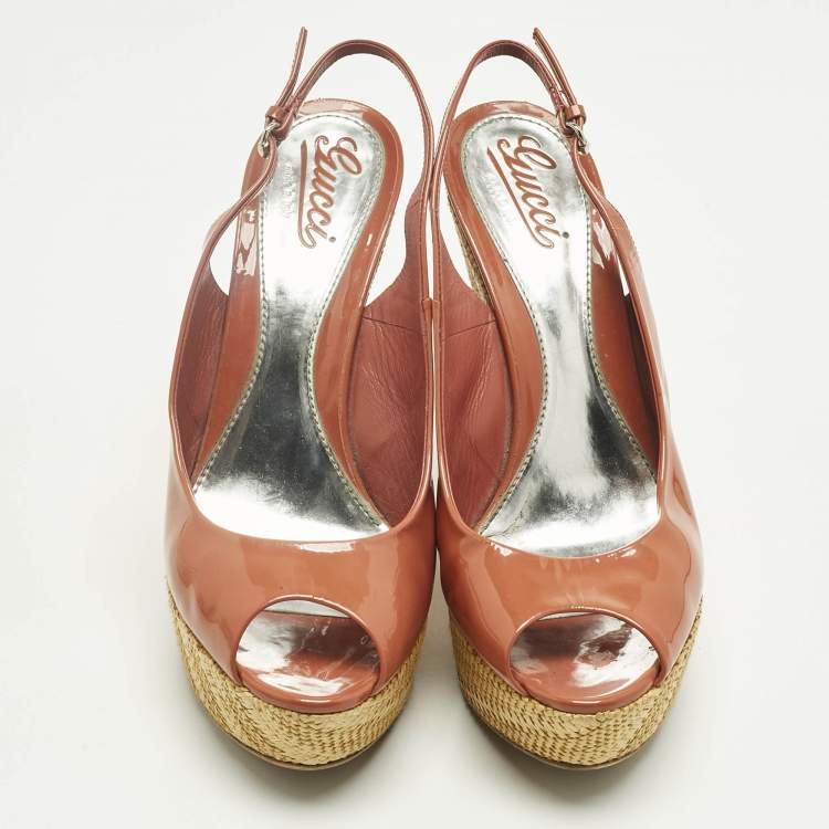 Pre Owned Gucci Coral Red Patent Leather Espadrille Wedge Slingback Pumps Size 41