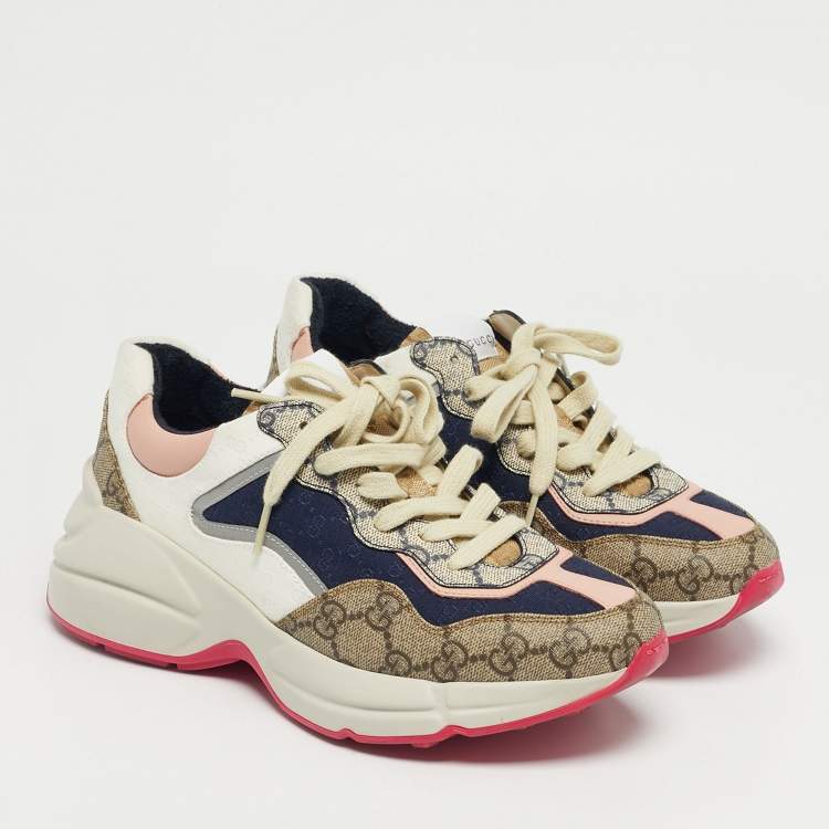 Pre Owned Gucci Multicolor GG Supreme Canvas and Leather Rhyton Sneakers Size 37.5