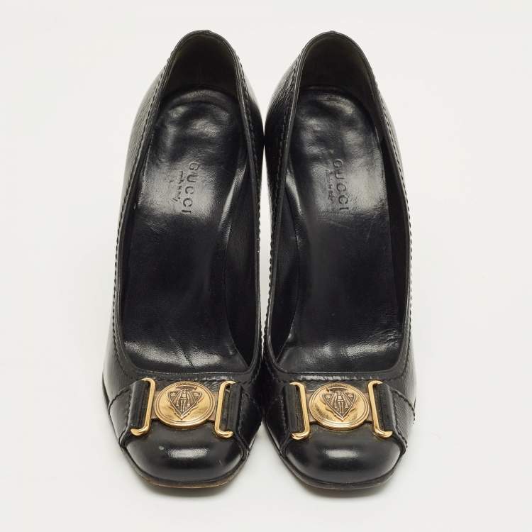 Pre Owned Gucci Black Leather Hysteria Round Toe Pumps Size 38