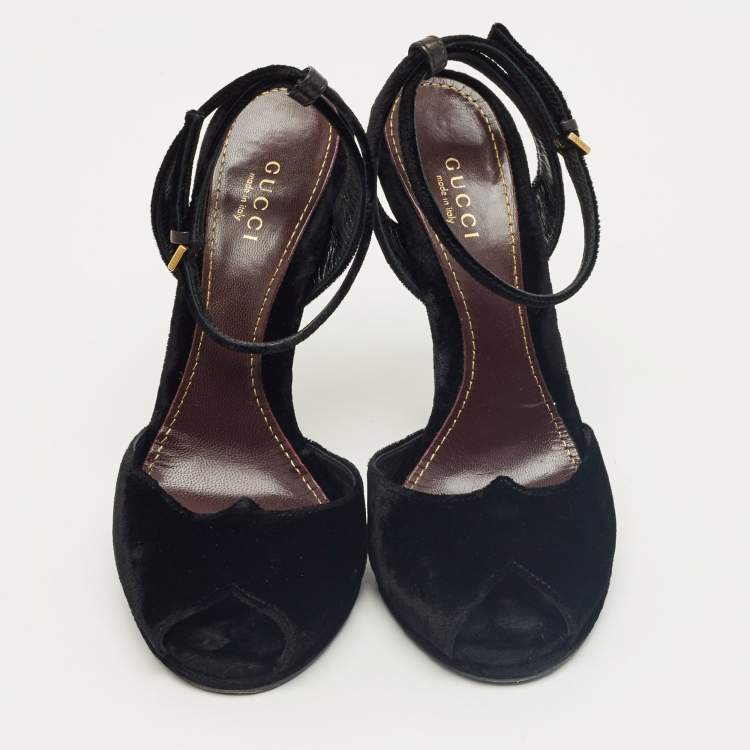 Pre Owned Gucci Black Velvet Peep Toe Ankle Strap Sandals Size 36.5