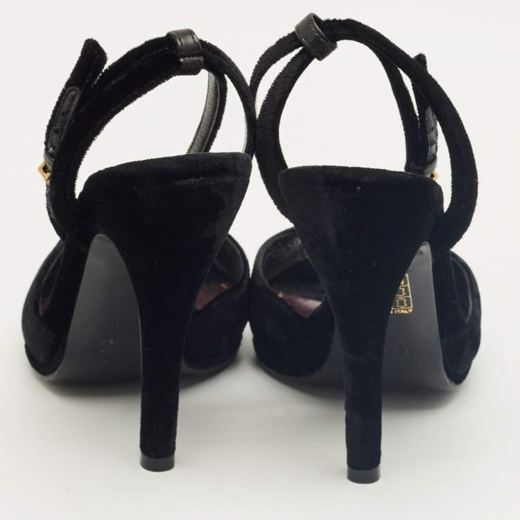 Pre Owned Gucci Black Velvet Peep Toe Ankle Strap Sandals Size 36.5