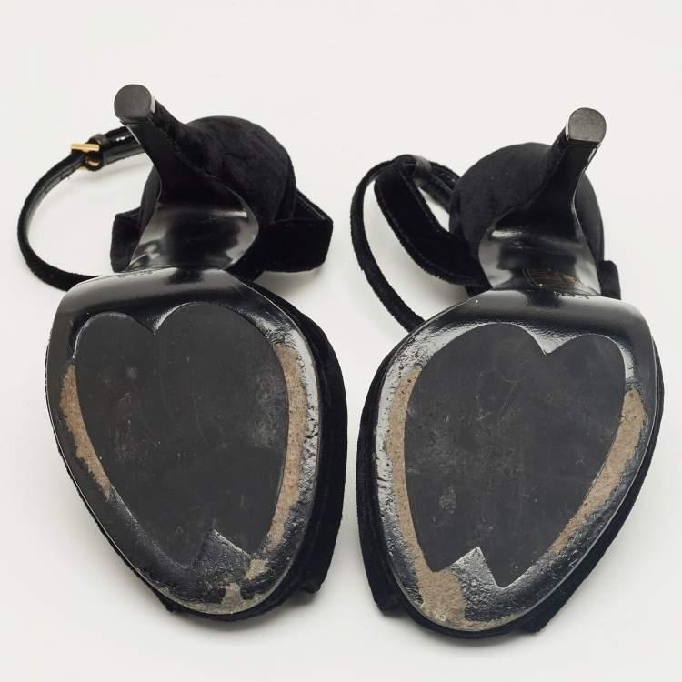 Pre Owned Gucci Black Velvet Peep Toe Ankle Strap Sandals Size 36.5
