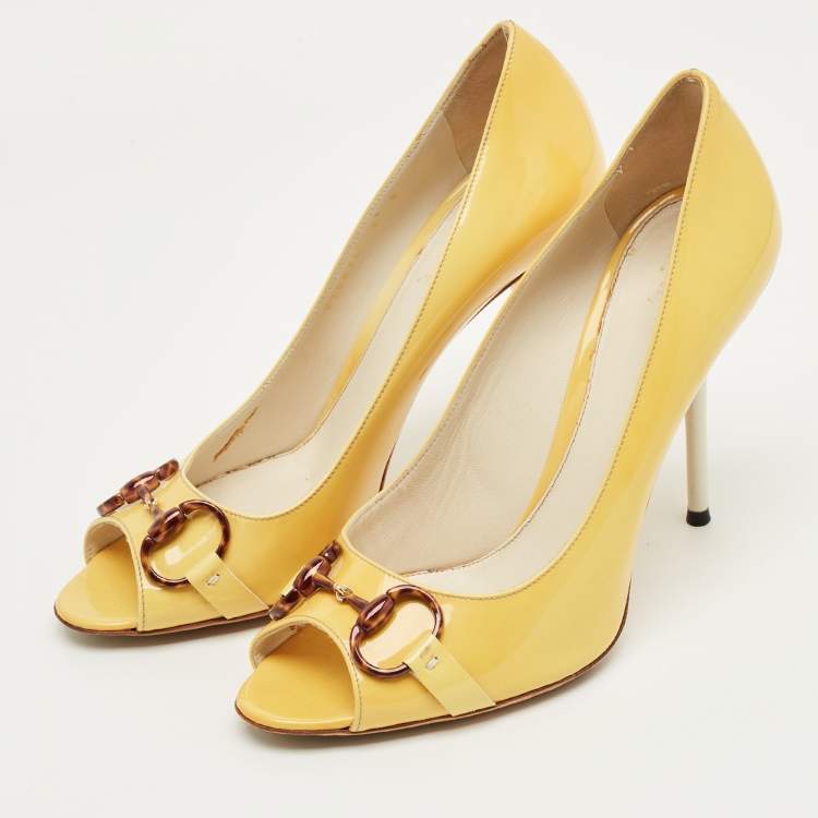 Pre Owned Gucci Yellow Leather Jolene Peep Toe Pumps Size 39.5
