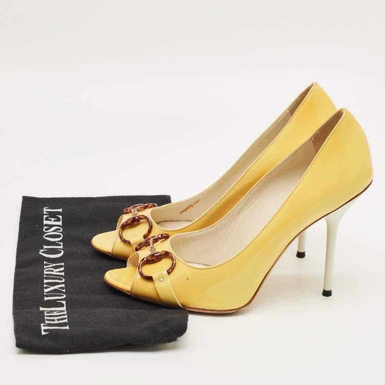 Pre Owned Gucci Yellow Leather Jolene Peep Toe Pumps Size 39.5