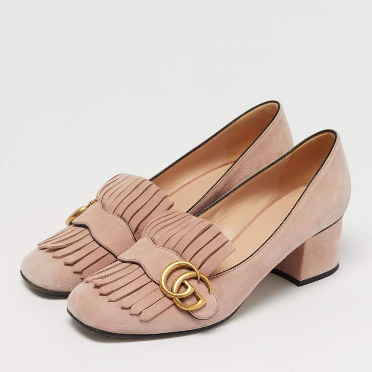 Pre Owned Gucci Light Pink Suede GG Marmont Fringe Block Heel Pumps Size 38.5