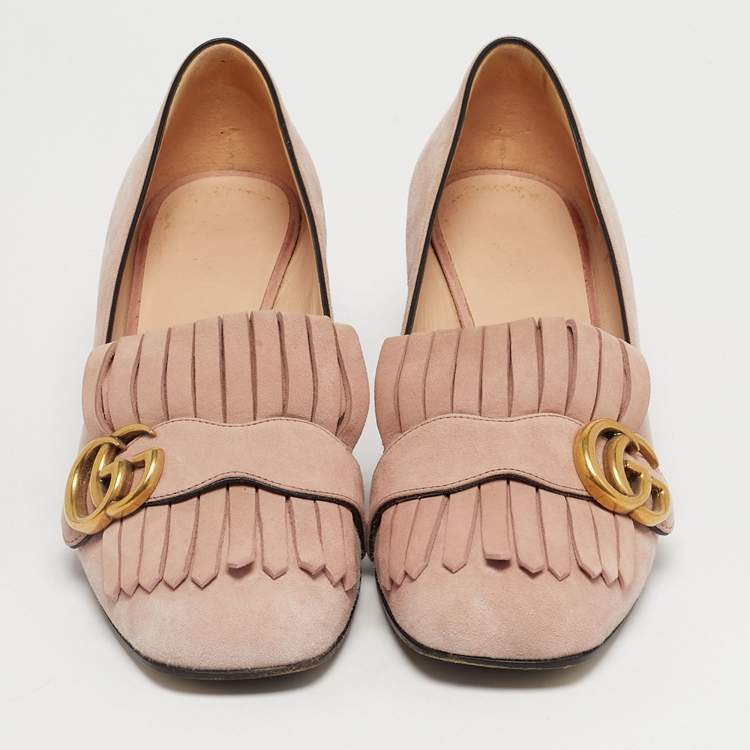 Pre Owned Gucci Light Pink Suede GG Marmont Fringe Block Heel Pumps Size 38.5