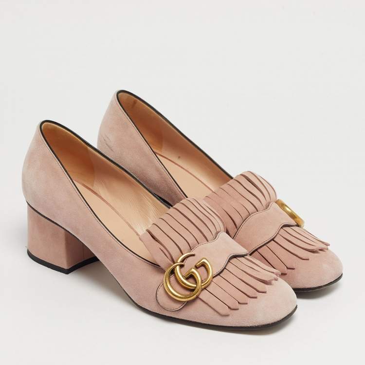 Pre Owned Gucci Light Pink Suede GG Marmont Fringe Block Heel Pumps Size 38.5