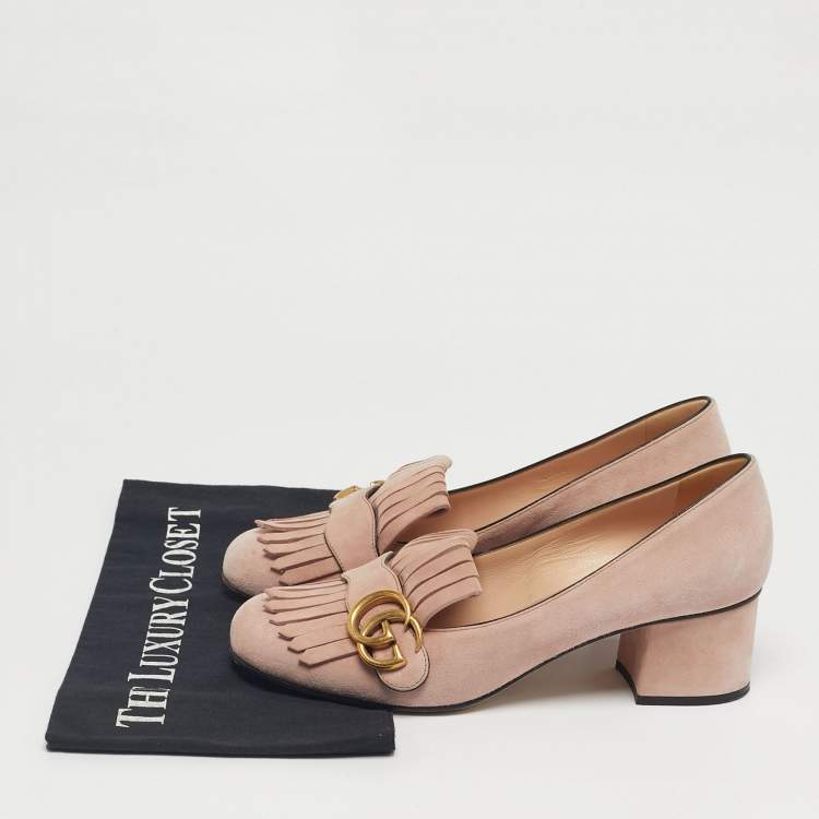 Pre Owned Gucci Light Pink Suede GG Marmont Fringe Block Heel Pumps Size 38.5