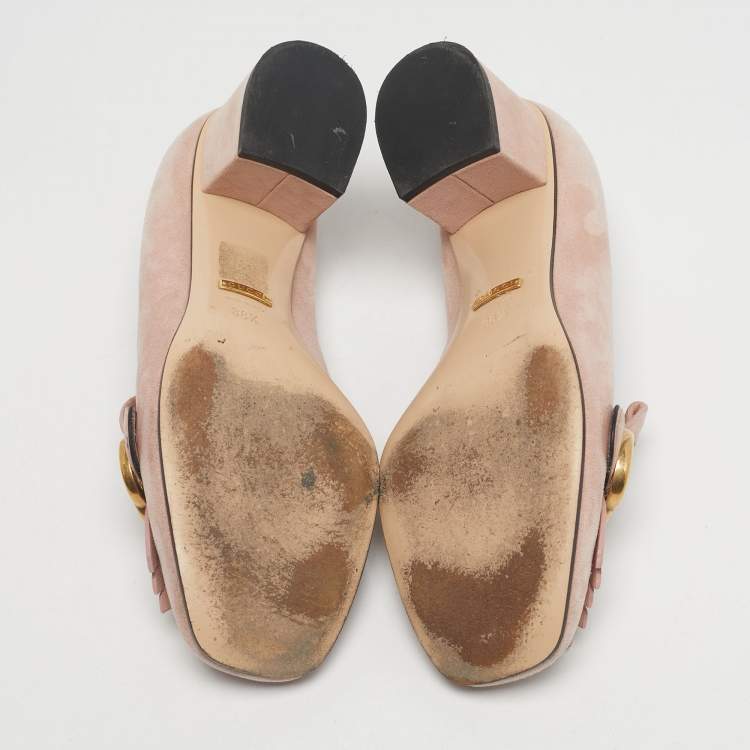 Pre Owned Gucci Light Pink Suede GG Marmont Fringe Block Heel Pumps Size 38.5