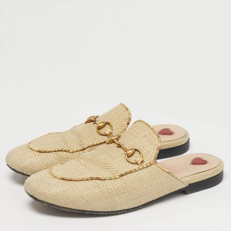 Pre Owned Gucci Beige Raffia and Snakeskin Leather Princetown Flat Mules Size 36