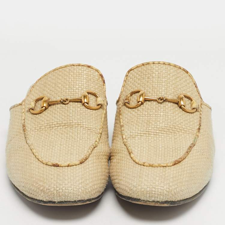 Pre Owned Gucci Beige Raffia and Snakeskin Leather Princetown Flat Mules Size 36