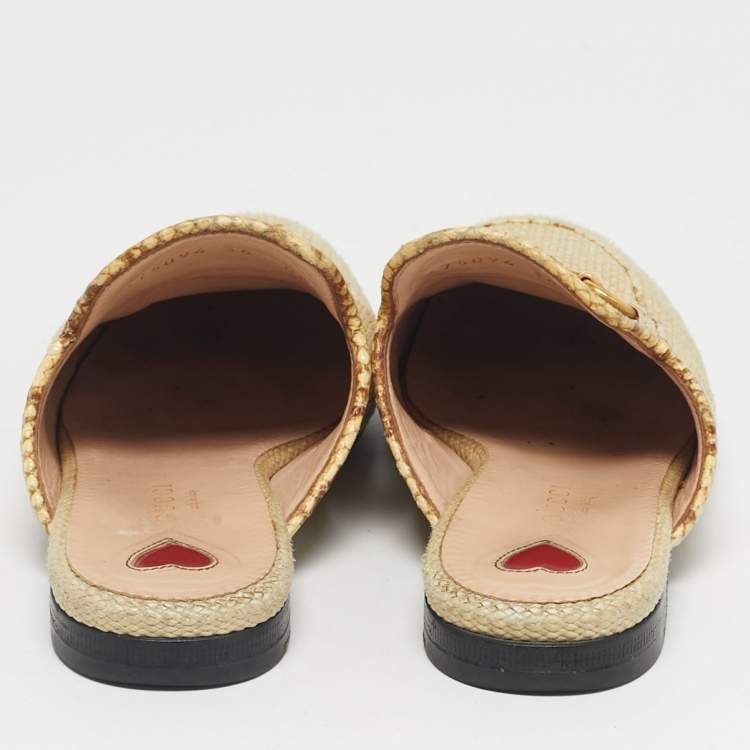 Pre Owned Gucci Beige Raffia and Snakeskin Leather Princetown Flat Mules Size 36