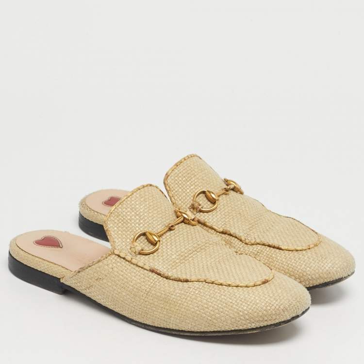 Pre Owned Gucci Beige Raffia and Snakeskin Leather Princetown Flat Mules Size 36