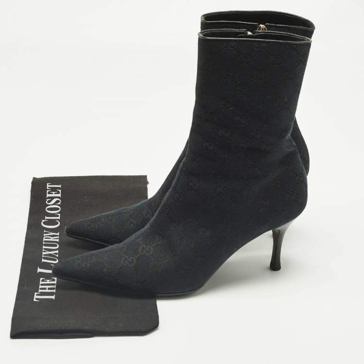 Pre Owned Gucci Navy Blue/Black GG Canvas Pointed Toe Ankle Length Boots Size 39
