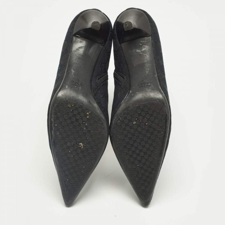 Pre Owned Gucci Navy Blue/Black GG Canvas Pointed Toe Ankle Length Boots Size 39