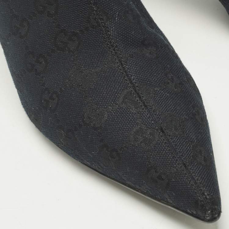Pre Owned Gucci Navy Blue/Black GG Canvas Pointed Toe Ankle Length Boots Size 39