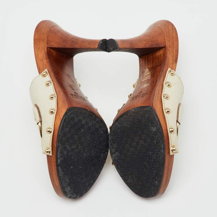 Pre Owned Gucci Off White Leather Icon Bit Platform Open Toe Clogs Size 36