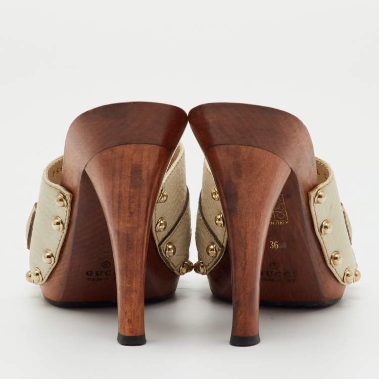 Pre Owned Gucci Off White Leather Icon Bit Platform Open Toe Clogs Size 36