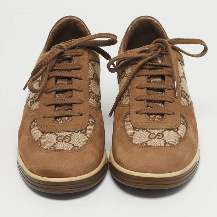Pre Owned Gucci Brown/Beige GG Canvas and Suede Web Lace Up Sneakers Size 39
