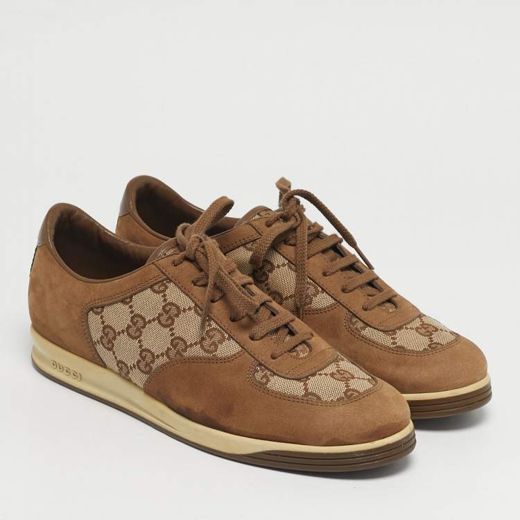 Pre Owned Gucci Brown/Beige GG Canvas and Suede Web Lace Up Sneakers Size 39