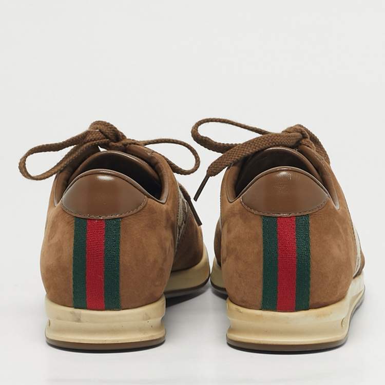 Pre Owned Gucci Brown/Beige GG Canvas and Suede Web Lace Up Sneakers Size 39