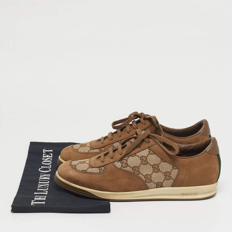 Pre Owned Gucci Brown/Beige GG Canvas and Suede Web Lace Up Sneakers Size 39