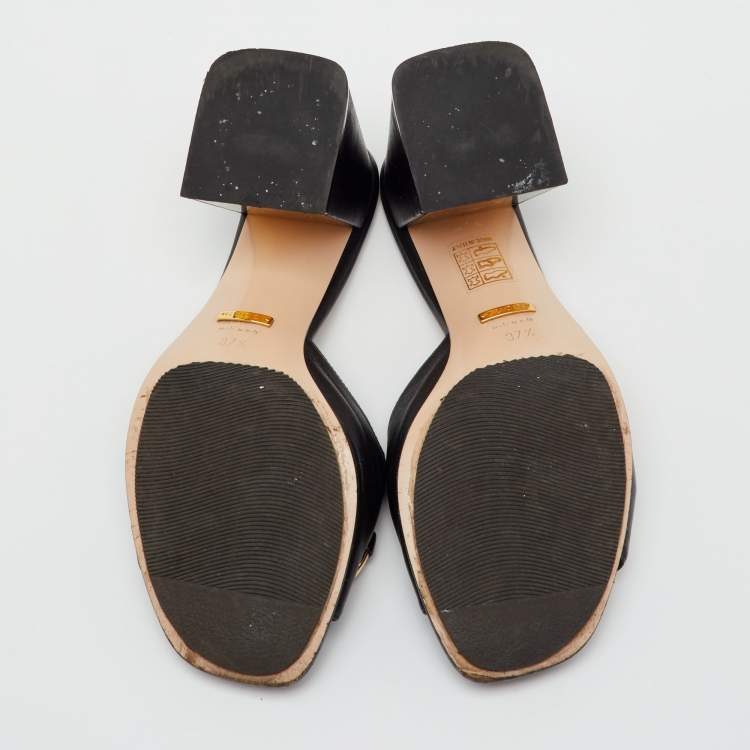Pre Owned Gucci Black Leather Horsebit Block Heel Slide Sandals Size 37.5