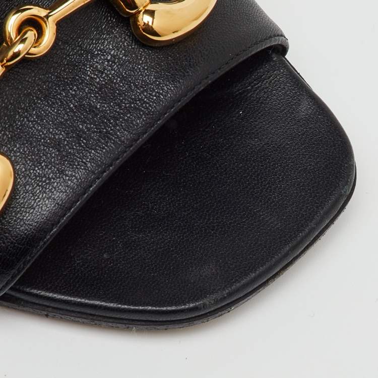 Pre Owned Gucci Black Leather Horsebit Block Heel Slide Sandals Size 37.5