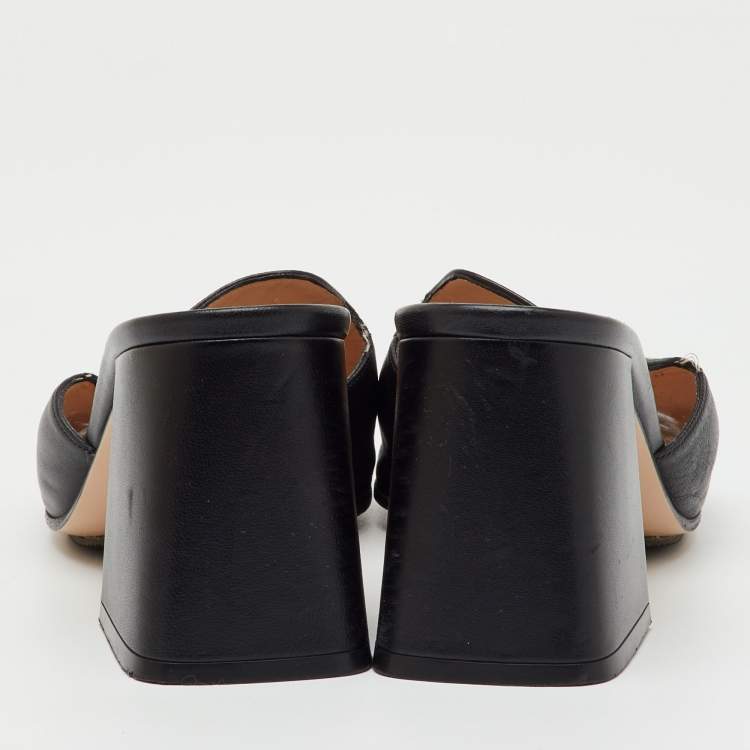 Pre Owned Gucci Black Leather Horsebit Block Heel Slide Sandals Size 37.5