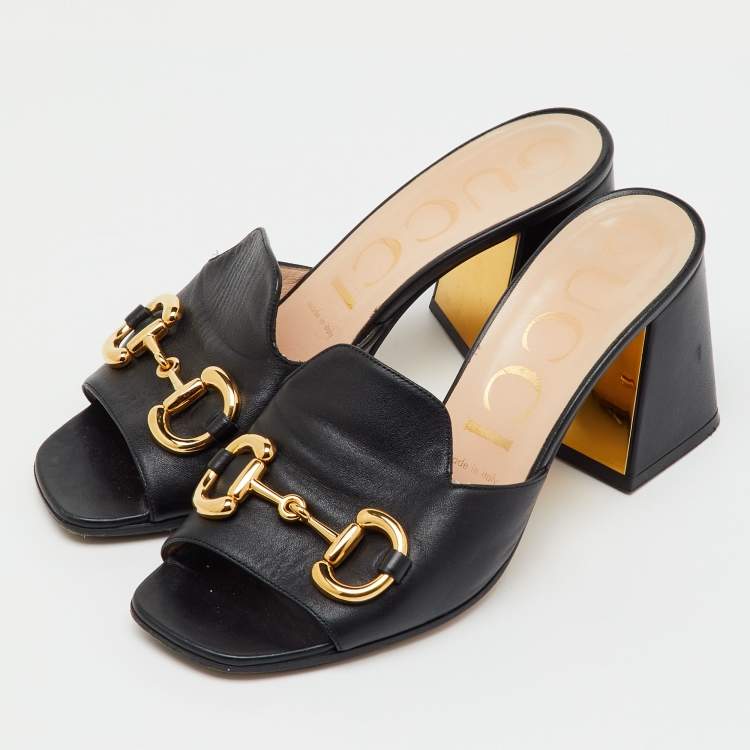 Pre Owned Gucci Black Leather Horsebit Block Heel Slide Sandals Size 37.5