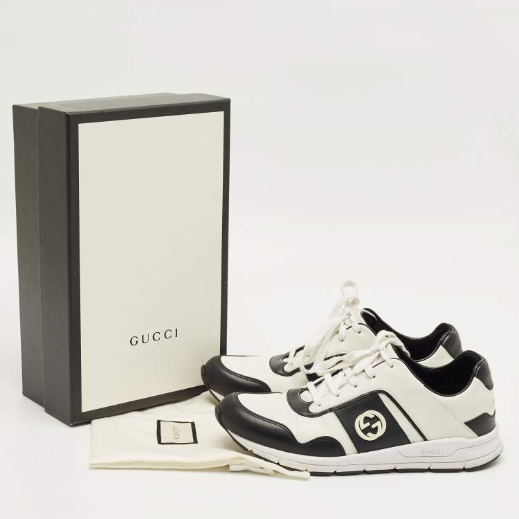 Pre Owned Gucci White/Black Leather Interlocking G Sneakers Size 40.5
