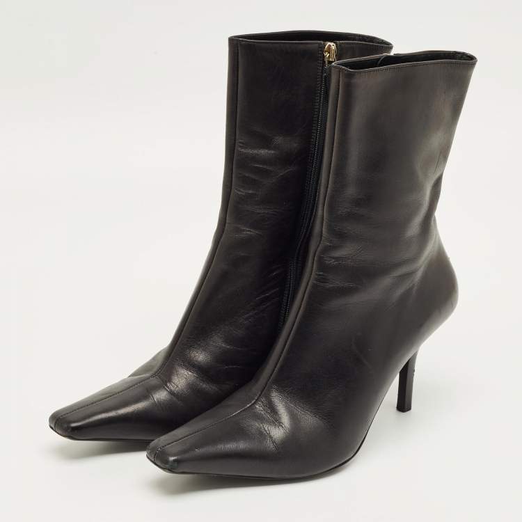 Pre Owned Gucci Black Leather Pointed Toe  Ankle Length Boots Size 38.5