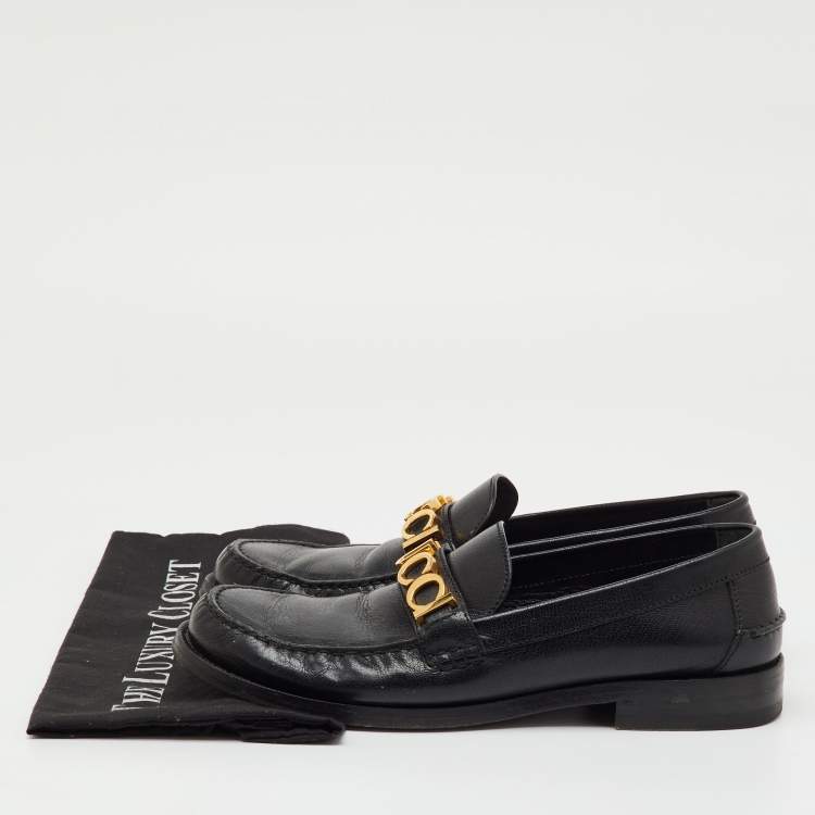 Pre Owned Gucci Black Leather Cara Logo Embellished Slip On Loafers Size 41