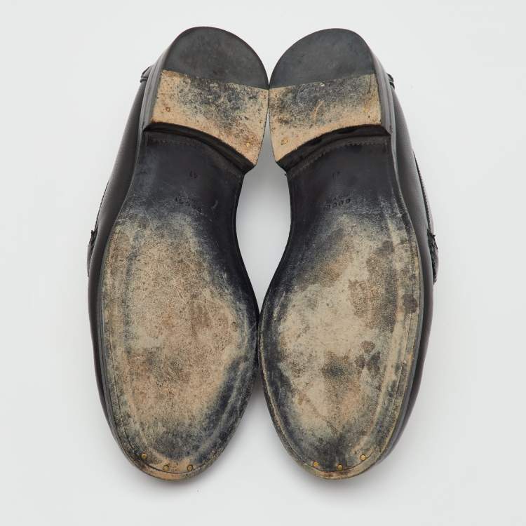 Pre Owned Gucci Black Leather Cara Logo Embellished Slip On Loafers Size 41