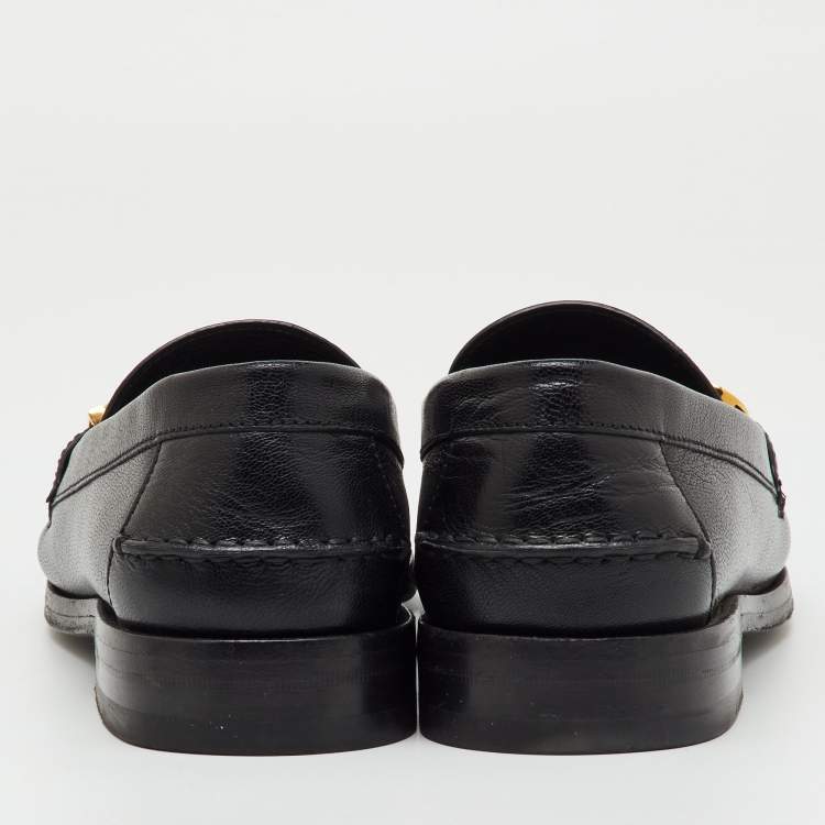 Pre Owned Gucci Black Leather Cara Logo Embellished Slip On Loafers Size 41