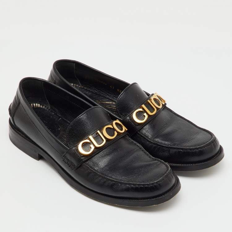 Pre Owned Gucci Black Leather Cara Logo Embellished Slip On Loafers Size 41