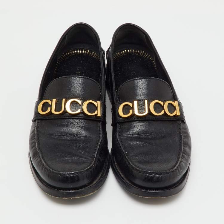 Pre Owned Gucci Black Leather Cara Logo Embellished Slip On Loafers Size 41