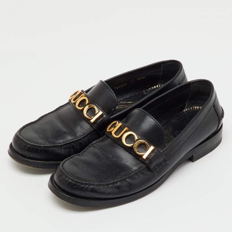 Pre Owned Gucci Black Leather Cara Logo Embellished Slip On Loafers Size 41